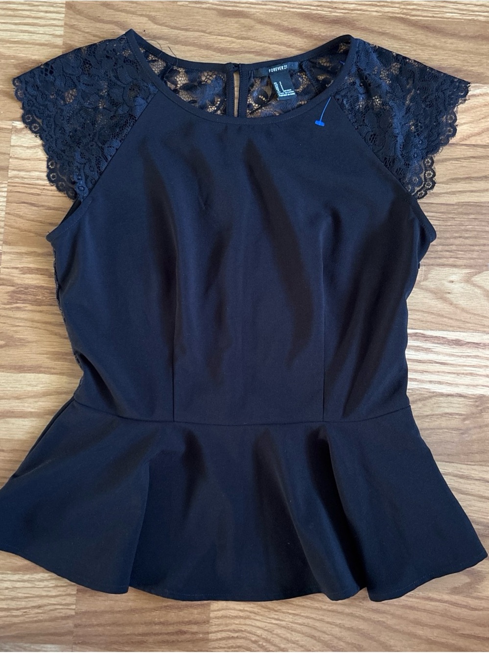 Forever 21 Black Lace Cap-Sleeve Peplum Blouse